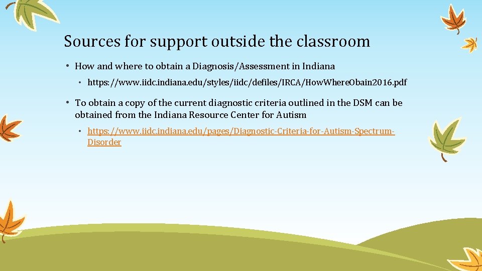 Sources for support outside the classroom • How and where to obtain a Diagnosis/Assessment