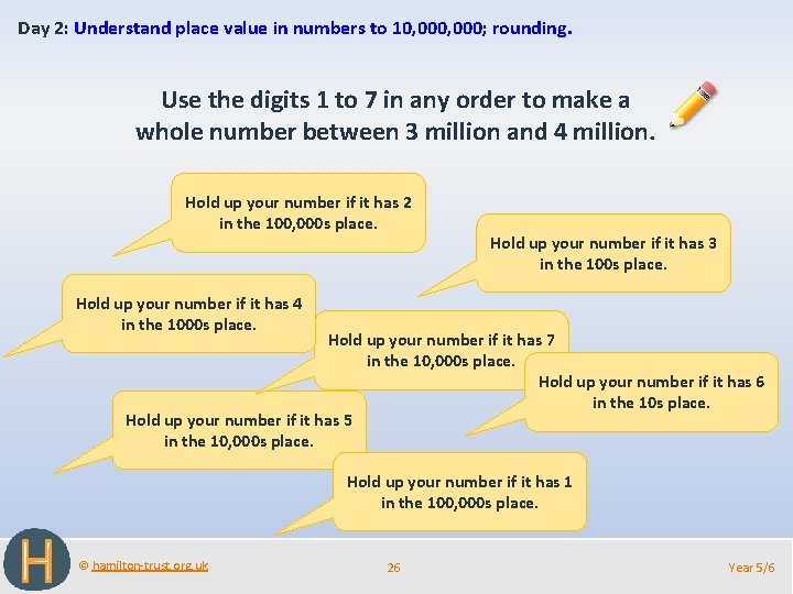 Day 2: Understand place value in numbers to 10, 000; rounding. Use the digits