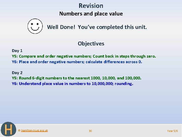 Revision Numbers and place value Well Done! You’ve completed this unit. Objectives Day 1