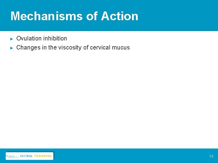 Mechanisms of Action ► ► Ovulation inhibition Changes in the viscosity of cervical mucus