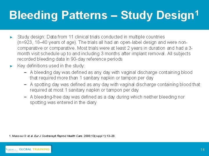 Bleeding Patterns – Study Design 1 ► ► Study design: Data from 11 clinical