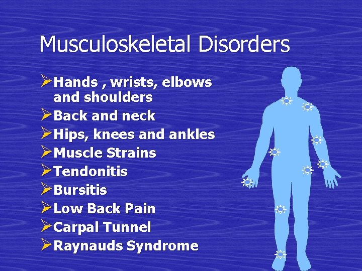 Musculoskeletal Disorders ØHands , wrists, elbows and shoulders ØBack and neck ØHips, knees and
