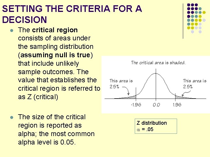 SETTING THE CRITERIA FOR A DECISION l The critical region consists of areas under SETTING THE CRITERIA FOR A DECISION l The critical region consists of areas under