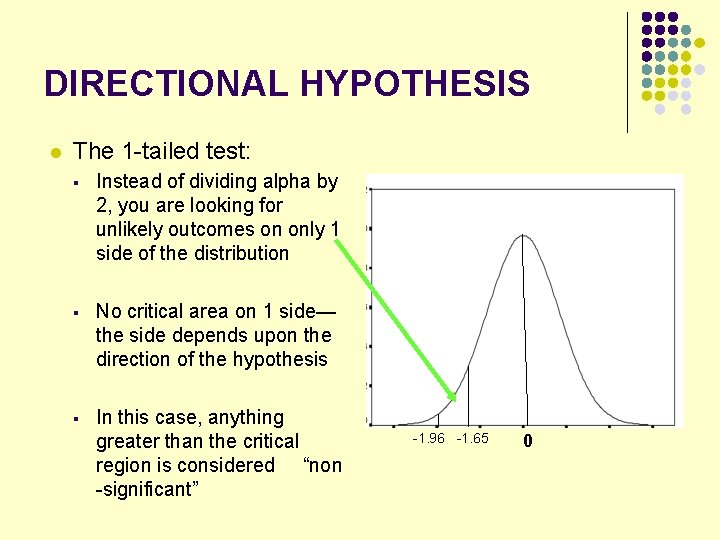 DIRECTIONAL HYPOTHESIS l The 1 -tailed test: § Instead of dividing alpha by 2, DIRECTIONAL HYPOTHESIS l The 1 -tailed test: § Instead of dividing alpha by 2,