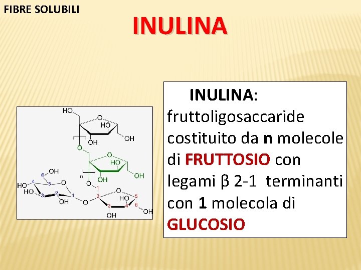 FIBRE SOLUBILI INULINA: fruttoligosaccaride costituito da n molecole di FRUTTOSIO con legami β 2