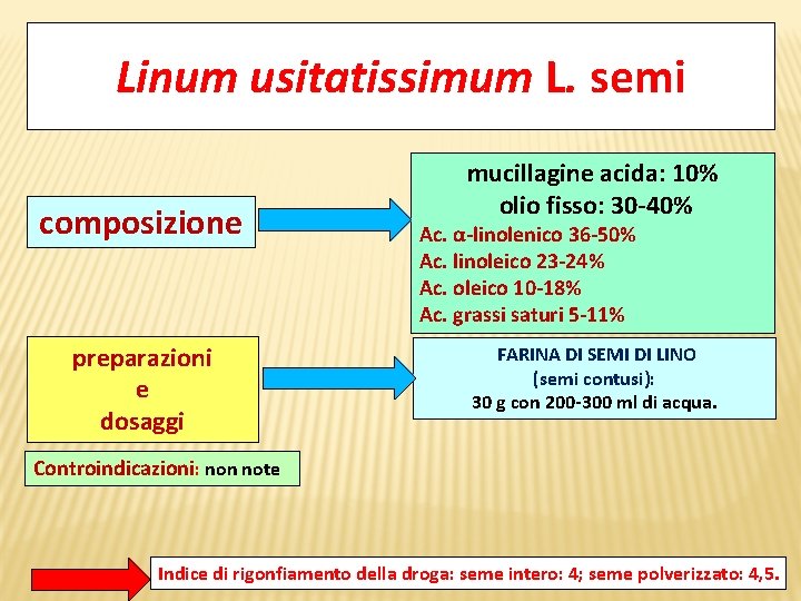 Linum usitatissimum L. semi composizione preparazioni e dosaggi mucillagine acida: 10% olio fisso: 30