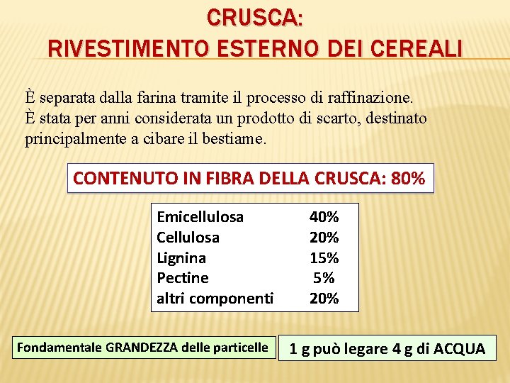 CRUSCA: RIVESTIMENTO ESTERNO DEI CEREALI È separata dalla farina tramite il processo di raffinazione.