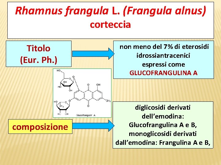 Rhamnus frangula L. (Frangula alnus) corteccia Titolo (Eur. Ph. ) composizione non meno del