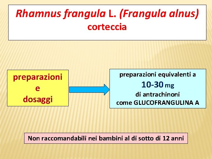 Rhamnus frangula L. (Frangula alnus) corteccia preparazioni e dosaggi preparazioni equivalenti a 10 -30