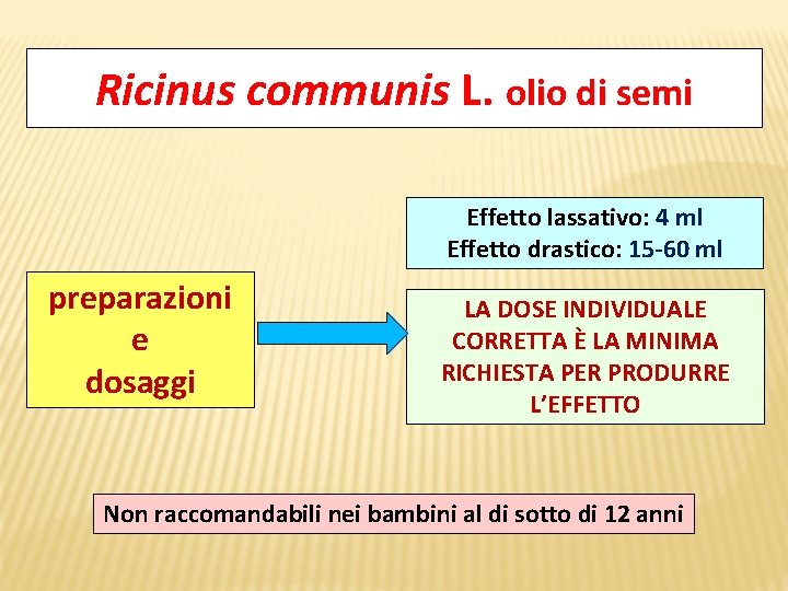 Ricinus communis L. olio di semi Effetto lassativo: 4 ml Effetto drastico: 15 -60