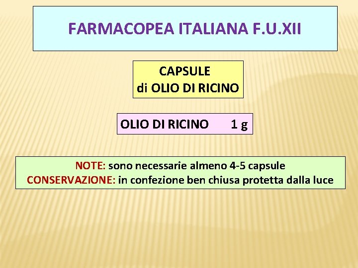 FARMACOPEA ITALIANA F. U. XII CAPSULE di OLIO DI RICINO 1 g NOTE: sono