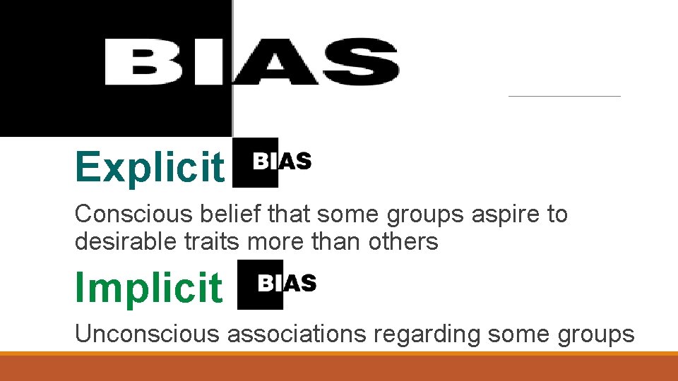 Explicit Conscious belief that some groups aspire to desirable traits more than others Implicit