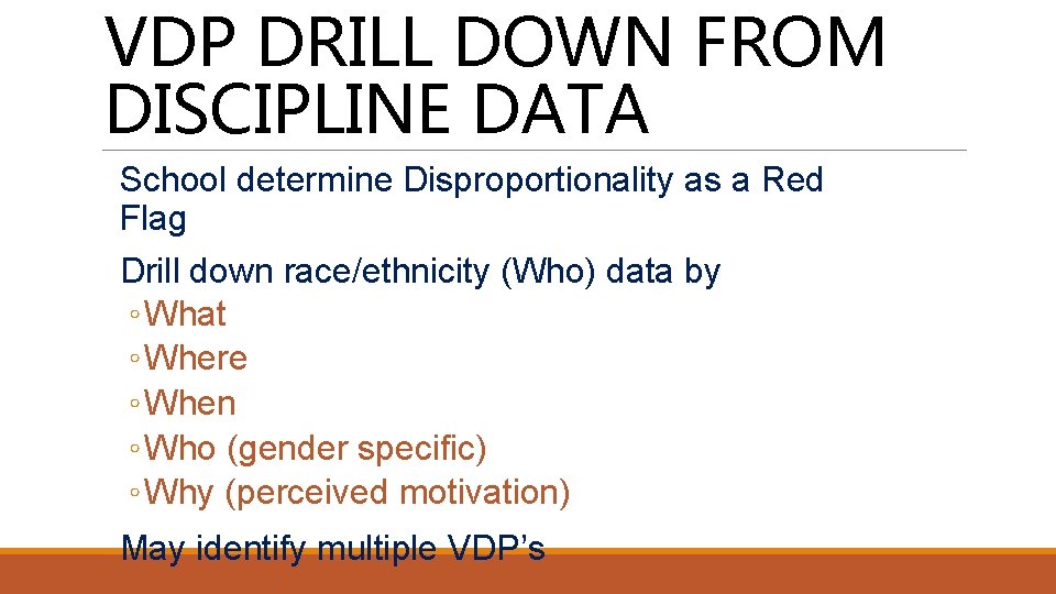 VDP DRILL DOWN FROM DISCIPLINE DATA School determine Disproportionality as a Red Flag Drill