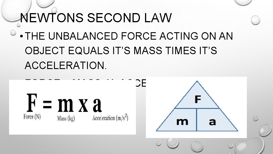 NEWTONS SECOND LAW • THE UNBALANCED FORCE ACTING ON AN OBJECT EQUALS IT’S MASS