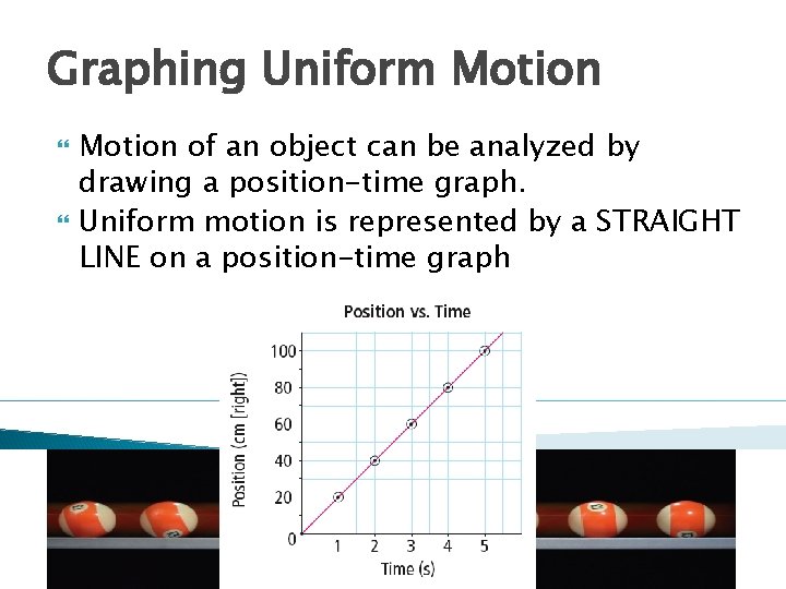 Graphing Uniform Motion of an object can be analyzed by drawing a position-time graph. Graphing Uniform Motion of an object can be analyzed by drawing a position-time graph.
