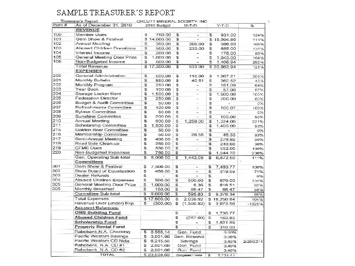 SAMPLE TREASURER’S REPORT 