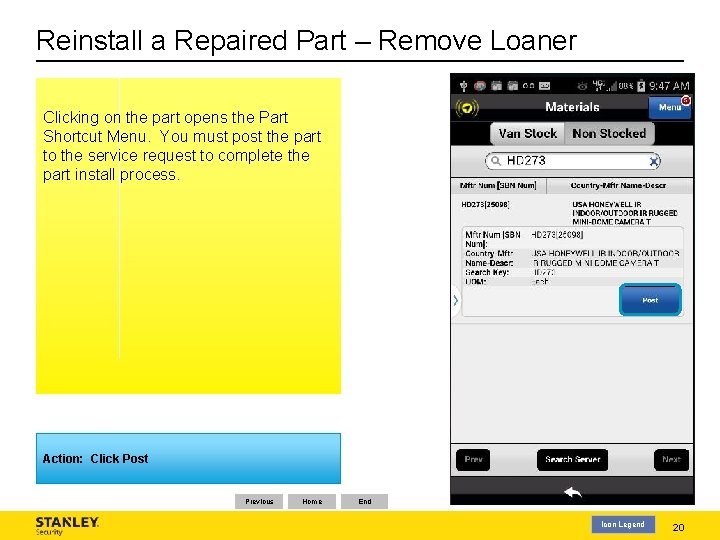 Reinstall a Repaired Part – Remove Loaner Clicking on the part opens the Part