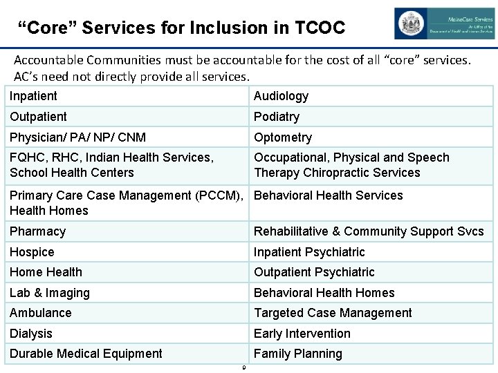 “Core” Services for Inclusion in TCOC Accountable Communities must be accountable for the cost