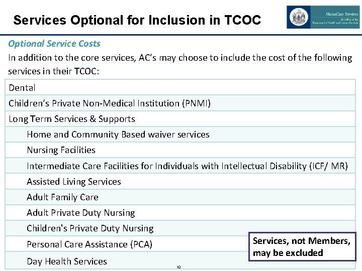 Services Optional for Inclusion in TCOC Optional Service Costs In addition to the core