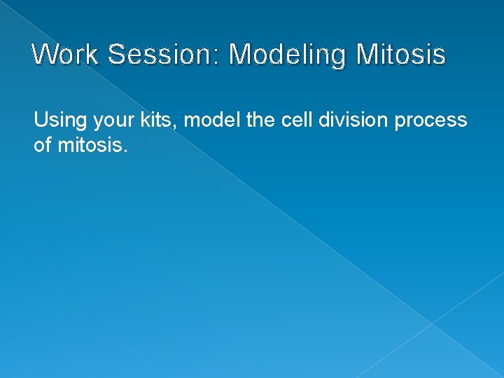 Work Session: Modeling Mitosis Using your kits, model the cell division process of mitosis.