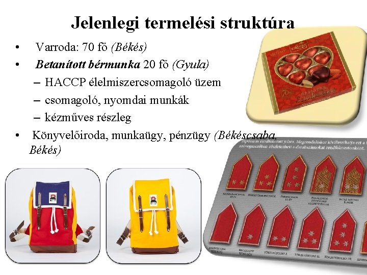 Jelenlegi termelési struktúra • • Varroda: 70 fő (Békés) Betanított bérmunka 20 fő (Gyula)