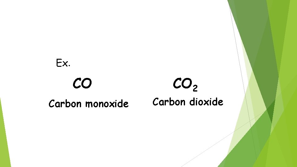 Ex. CO Carbon monoxide CO 2 Carbon dioxide 