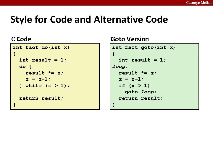 Carnegie Mellon Style for Code and Alternative Code C Code int fact_do(int x) {