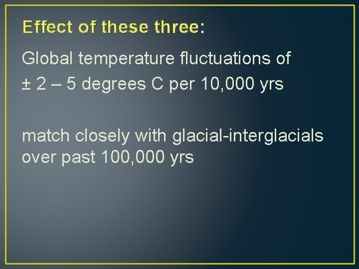Effect of these three: Global temperature fluctuations of ± 2 – 5 degrees C