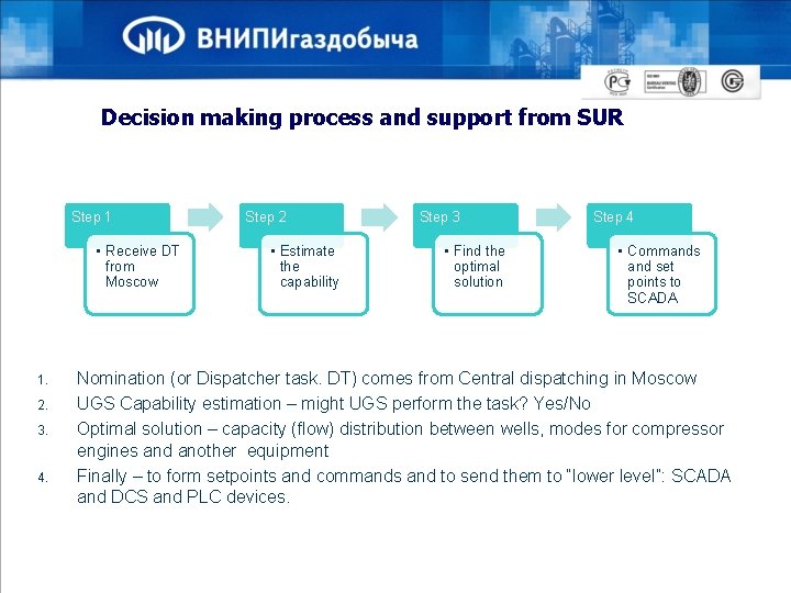 Decision making process and support from SUR Step 1 • Receive DT from Moscow