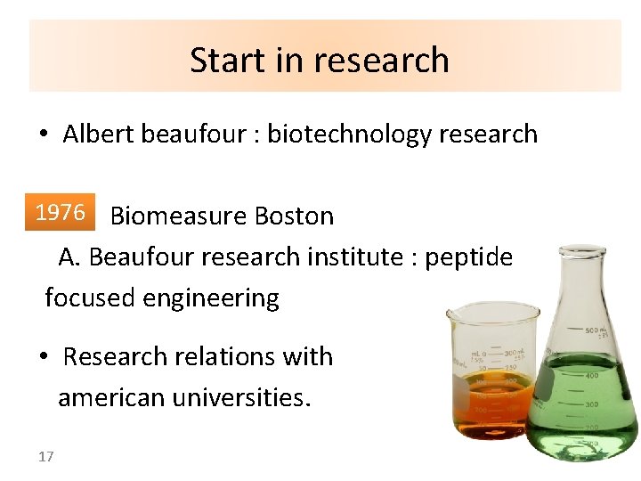 Start in research • Albert beaufour : biotechnology research 1976 Biomeasure Boston A. Beaufour