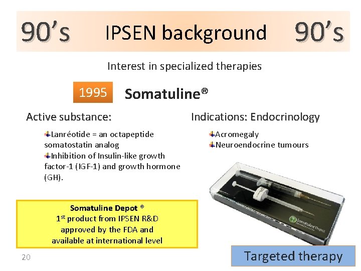 90’s IPSEN background 90’s Interest in specialized therapies 1995 Somatuline® Active substance: Lanréotide =