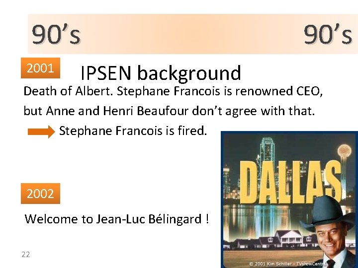 90’s 2001 IPSEN background 90’s Death of Albert. Stephane Francois is renowned CEO, but
