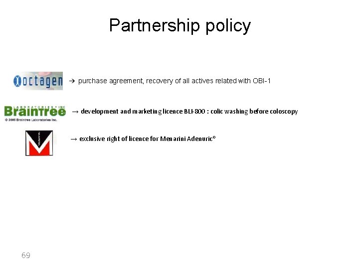 Partnership policy → purchase agreement, recovery of all actives related with OBI-1 → development