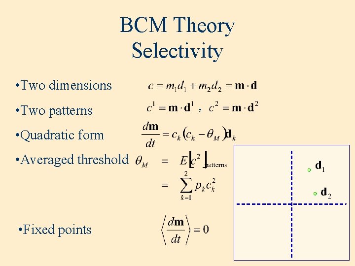 BCM Theory Selectivity • Two dimensions • Two patterns • Quadratic form • Averaged