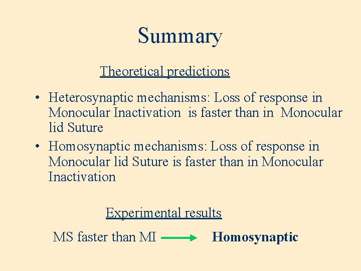 Summary Theoretical predictions • Heterosynaptic mechanisms: Loss of response in Monocular Inactivation is faster