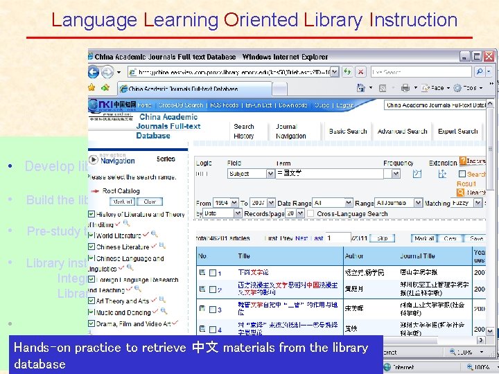 Language Learning Oriented Library Instruction • Develop library instruction materials in Chinese • Build