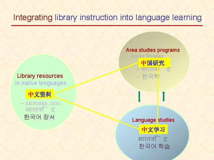 Integrating library instruction into language learning Library resources in native languages Area studies programs