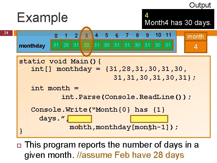 Output Example 24 0 1 4 Month 4 has 30 days. 2 3 4