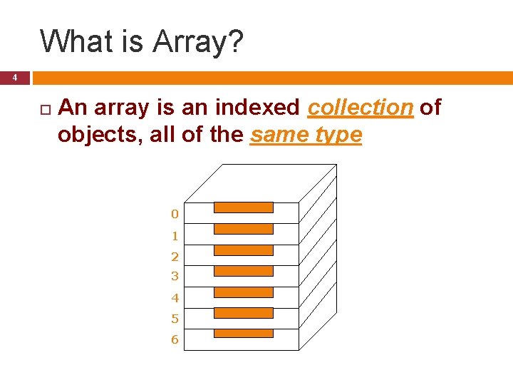 What is Array? 4 An array is an indexed collection of objects, all of