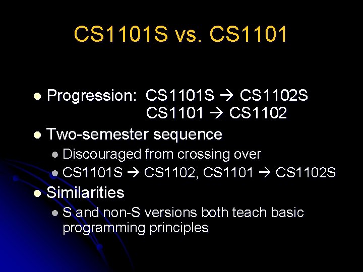 CS 1101 S vs. CS 1101 Progression: CS 1101 S CS 1102 S CS