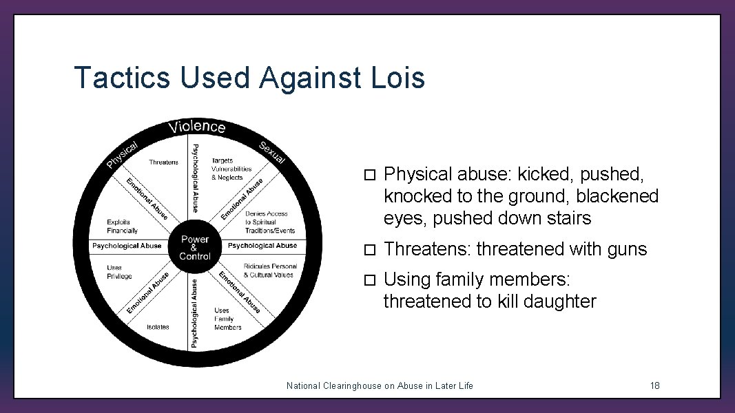 Tactics Used Against Lois ¨ Physical abuse: kicked, pushed, knocked to the ground, blackened