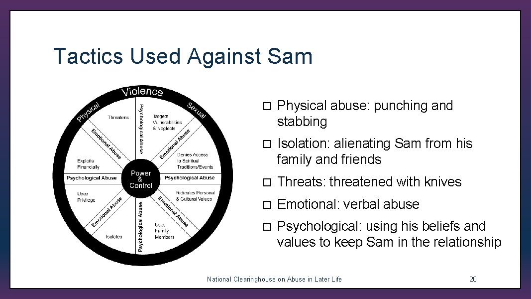 Tactics Used Against Sam ¨ Physical abuse: punching and stabbing ¨ Isolation: alienating Sam