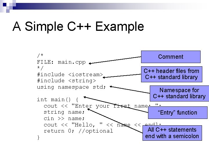 A Simple C++ Example /* FILE: main. cpp */ #include <iostream> #include <string> using