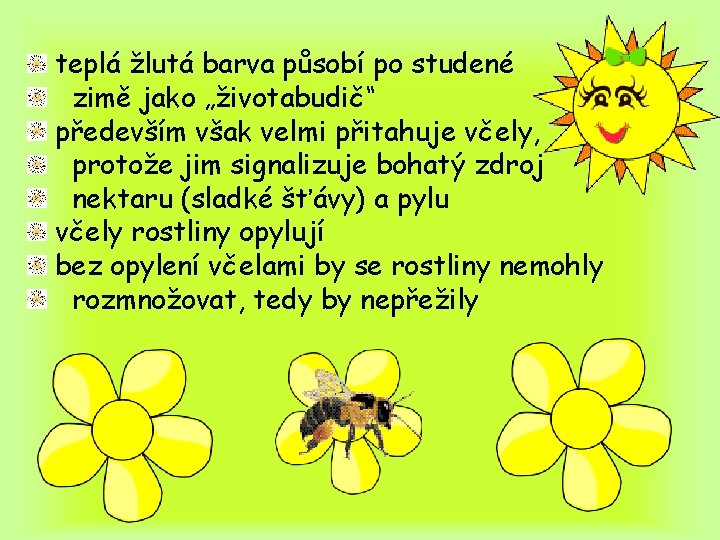 teplá žlutá barva působí po studené zimě jako „životabudič“ především však velmi přitahuje včely,
