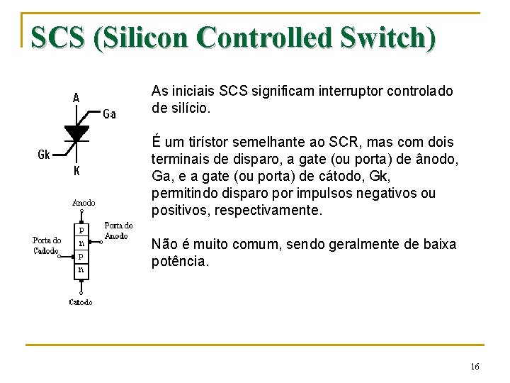 SCS (Silicon Controlled Switch) As iniciais SCS significam interruptor controlado de silício. É um