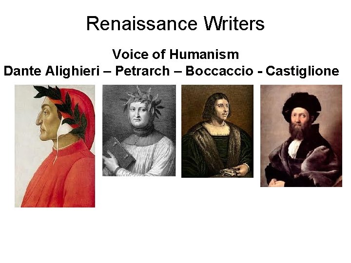 Renaissance Writers Voice of Humanism Dante Alighieri – Petrarch – Boccaccio - Castiglione 