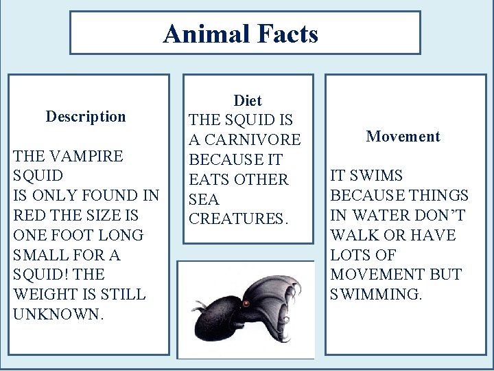 Animal Facts Description THE VAMPIRE SQUID IS ONLY FOUND IN RED THE SIZE IS