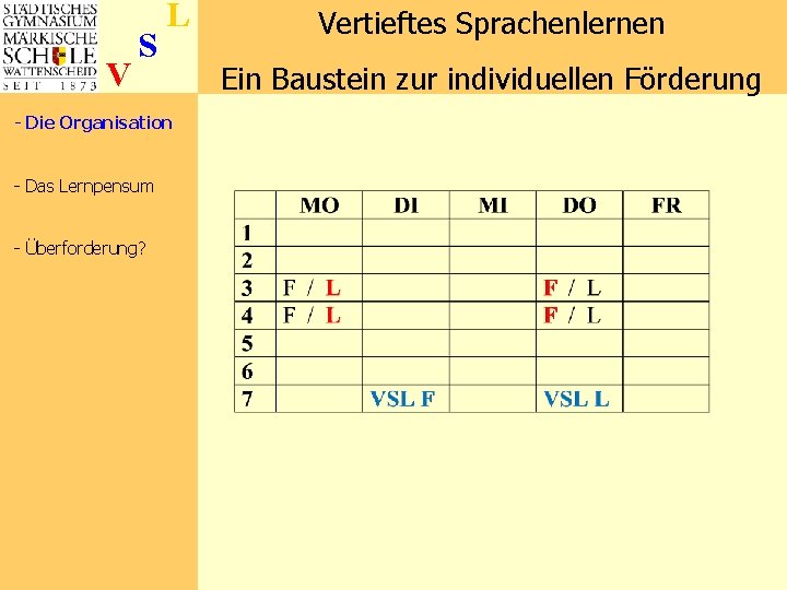 V S L - Die Organisation - Das Lernpensum - Überforderung? Vertieftes Sprachenlernen Ein