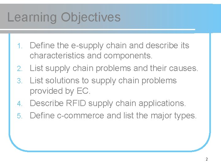 Learning Objectives 1. 2. 3. 4. 5. Define the e-supply chain and describe its