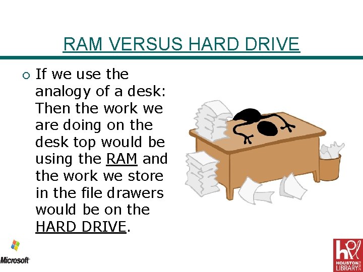 RAM VERSUS HARD DRIVE ¡ If we use the analogy of a desk: Then